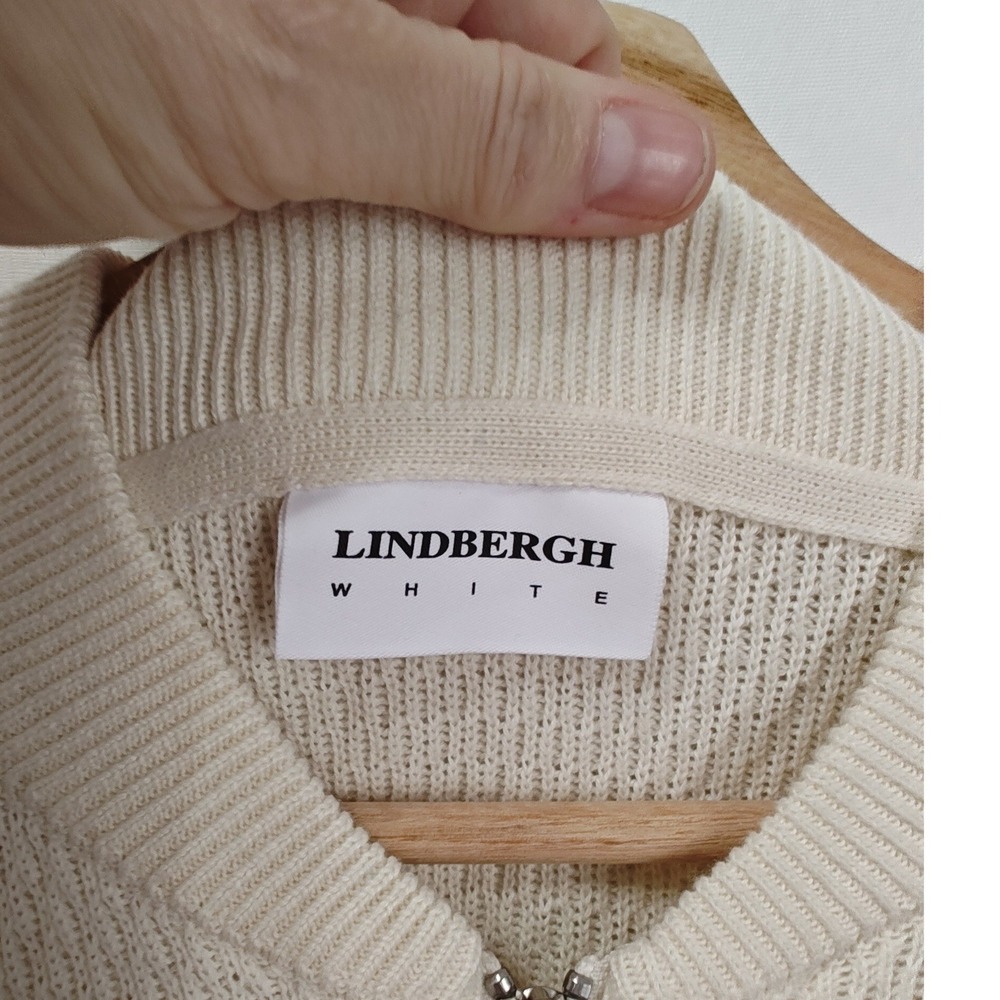 Lindbergh White Textured Knit Full Zip Baseball Bomber Sweater Cardigan Cream L - Picture 6 of 10